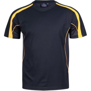 A black and yellow men's short-sleeve t-shirt with contrasting side panels and a logo.