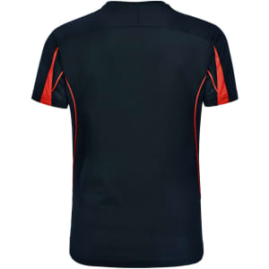 Men's black T-shirt with red accents and a logo, featuring a short-sleeve design and a plain back.