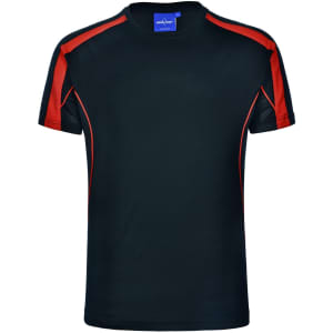 A black and red short-sleeve T-shirt featuring contrasting sleeves and a logo.