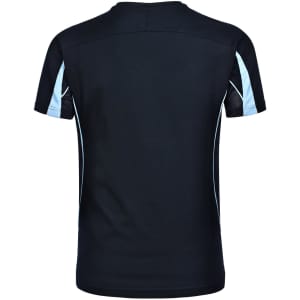A black short-sleeve T-shirt with light blue accents and mesh detailing on the sides. It features a logo.