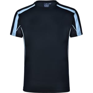 Men's short-sleeve T-shirt in black with light blue accents and a logo on the chest. Features mesh detailing.