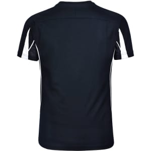 A short-sleeved men's T-shirt in black with white accents and a logo on the back.