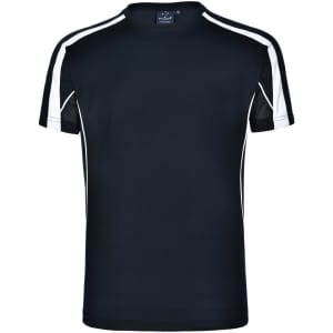 A black short-sleeve t-shirt with white side accents and a logo on the collar.