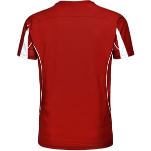 A red men's short-sleeve T-shirt with white detailing on the shoulders and sides, featuring a logo.