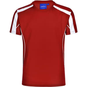 A red short-sleeve t-shirt with white detailing and a logo on the neckline.