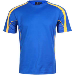 A blue and yellow short-sleeved men's T-shirt with a logo on the neckline.