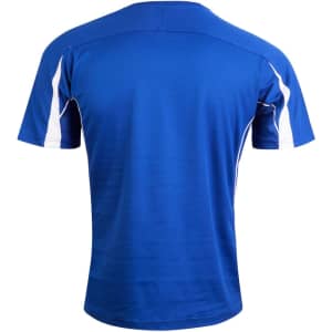 A blue short-sleeved T-shirt with white accents on the shoulders and sides, featuring a logo.