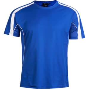 A blue short-sleeved t-shirt with white accents and a logo on the collar.