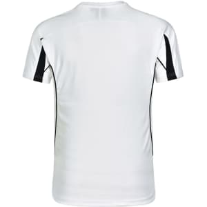 A white men's T-shirt with black accent stripes on the sides and a logo on the back.