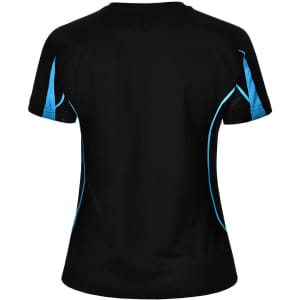 A black short-sleeved women's t-shirt featuring blue accents and a mesh design on the shoulders. It has a logo.