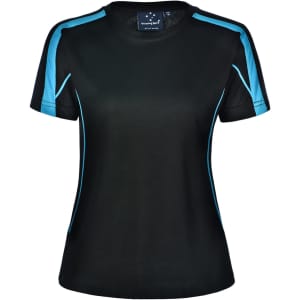 A black women's t-shirt with blue accents and a logo. Features short sleeves and a sporty design.