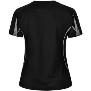 A black short-sleeve women's T-shirt featuring grey accents and a logo on the back.