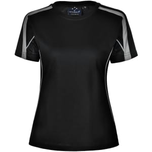A black ladies' T-shirt featuring short sleeves and grey accents. The shirt includes a branded logo.