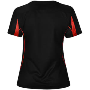 A black women's T-shirt featuring red accents on the sides, with a curved back design and a logo.