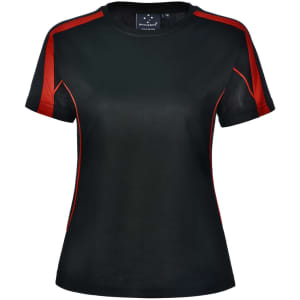 A ladies' short-sleeve T-shirt in black with red accents and mesh detailing, featuring a logo on the label.