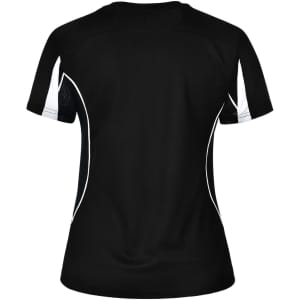 A black ladies' short-sleeved T-shirt with white detailing and a breathable mesh design on the back.