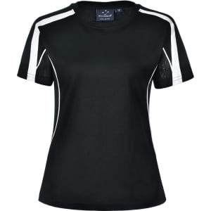 A ladies' short-sleeve T-shirt in black with white panel accents and a logo. Features a sporty design and mesh elements.