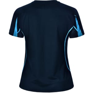 A ladies' short-sleeve T-shirt in navy blue with light blue accents and a logo on the back.