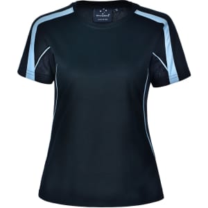 A black ladies' t-shirt with light blue accents and a logo. Short sleeves and a sporty design.