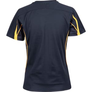 A navy blue ladies' t-shirt featuring yellow accents on the sides and a crew neck design. It has a logo on the back.