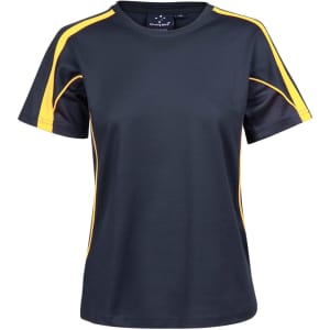 A ladies' black and yellow short-sleeve T-shirt with a logo, featuring a sporty design and contrasting side panels.