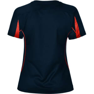 A navy blue ladies' T-shirt with red accents on the sides and back. The shirt has a logo.