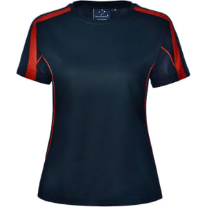 A Ladies' Truedry Fashion short-sleeve T-shirt in black with red accents and mesh detail on the shoulders.