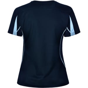 A ladies' short-sleeve T-shirt in navy with light blue detailing and a logo.