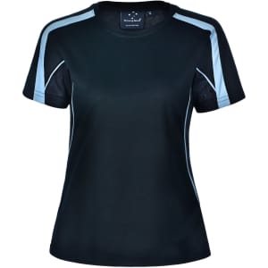 A black and light blue ladies' short-sleeve T-shirt with a logo on the front.