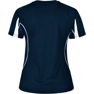 A navy blue ladies' T-shirt featuring short sleeves and white detailing on the sides. It has a logo on the back.