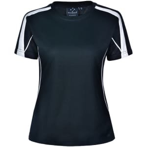 A black ladies' T-shirt featuring white side panels and short sleeves. The shirt has a logo on the label.