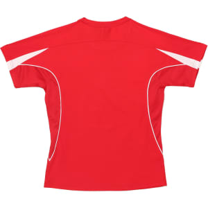 A red ladies' T-shirt with white detailing and a logo on the back.