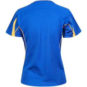 A blue t-shirt with yellow accents, featuring short sleeves and a relaxed fit, back view displayed.