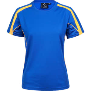 A blue short-sleeve T-shirt with yellow accents and a logo on the chest.