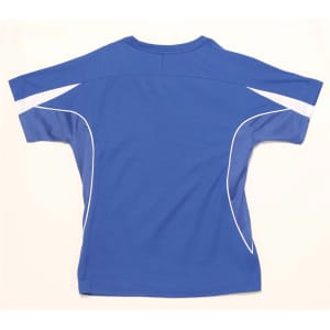 A blue short-sleeved T-shirt with white accents and a logo on the back.