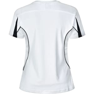 A white ladies' short-sleeve T-shirt with black accents and mesh detailing on the sides, featuring a logo.
