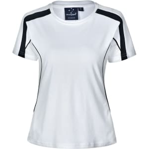 A white ladies’ T-shirt with black accents and mesh panel detailing. Features a logo on the label.