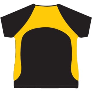 A black and yellow men's T-shirt featuring a contrasting design and a logo.