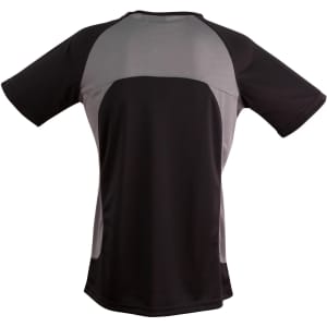 A black and grey men's T-shirt featuring a logo, designed with a sporty, breathable style.