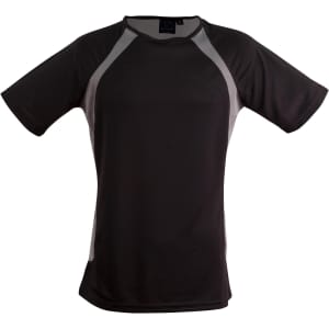 A black men's T-shirt with grey side panels and a logo on the upper back.
