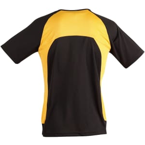A short-sleeved men's tee shirt featuring a black and yellow design, with a mesh upper section and a branded logo.
