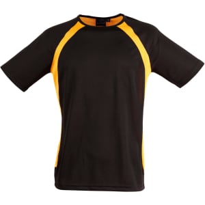 A black and yellow men's t-shirt with short sleeves and a logo on the label.