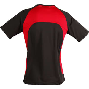 A red and black men's t-shirt with short sleeves and a logo on the back.