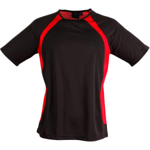 A black and red men's t-shirt with short sleeves and a sporty design, featuring a logo on the chest.