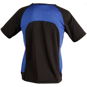 A black and blue men's t-shirt with a sporty design and a logo on the back.