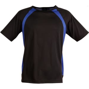 A black men's t-shirt featuring blue accents and a logo, with short sleeves and a round neckline.