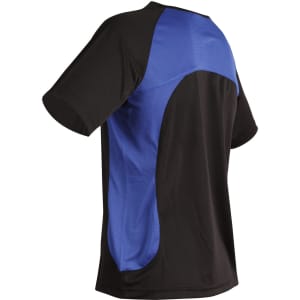 A men's t-shirt featuring a black body and blue mesh paneling at the back. It has a logo on it.
