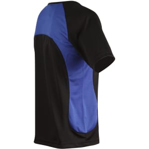 A men's t-shirt featuring a black body with blue mesh panels on the sides and a logo on the front.