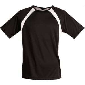A black men's t-shirt featuring white accents on the sleeves, with a logo on the chest area.