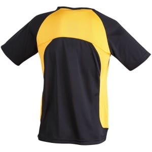A men's t-shirt featuring a black and yellow design, with a logo on the front and a sporty cut.